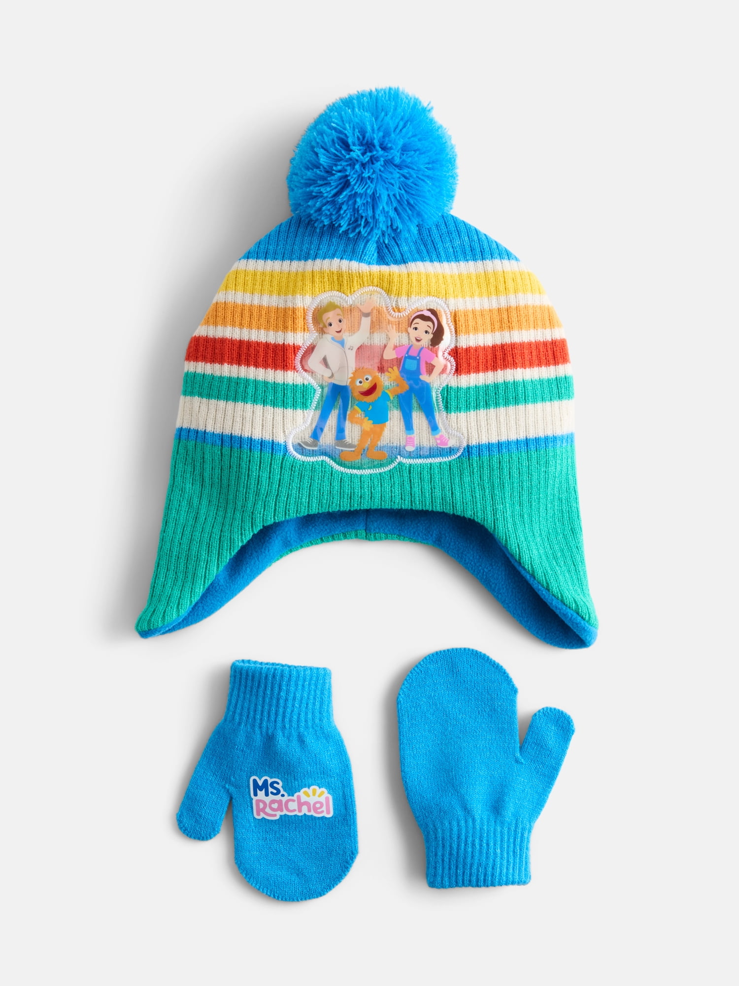 Ms. Rachel Toddler Unisex Ribbed Knit Pom Beanie and Mittens Set, 2 Piece