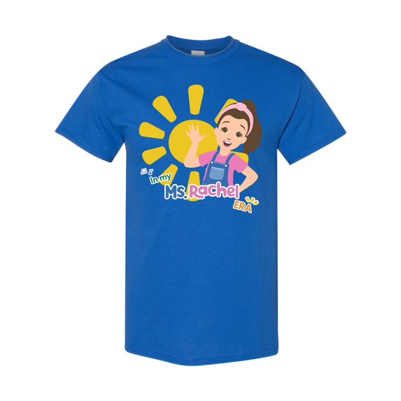 Ms Rachel is on a shirt that's in Walmart, Preschool Teacher T-Shirt, Royal Blue Color, Size XL