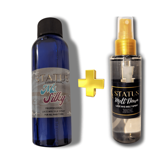 Ms. Silky & The Meltdown Bundle  Ultimate Lace Wig Care Set | Silkening Spray for Shine & Frizz Control + Strong Hold Wig Adhesive | Glueless, No Flakes, Long-Lasting Hold & Curl-Defining Formula