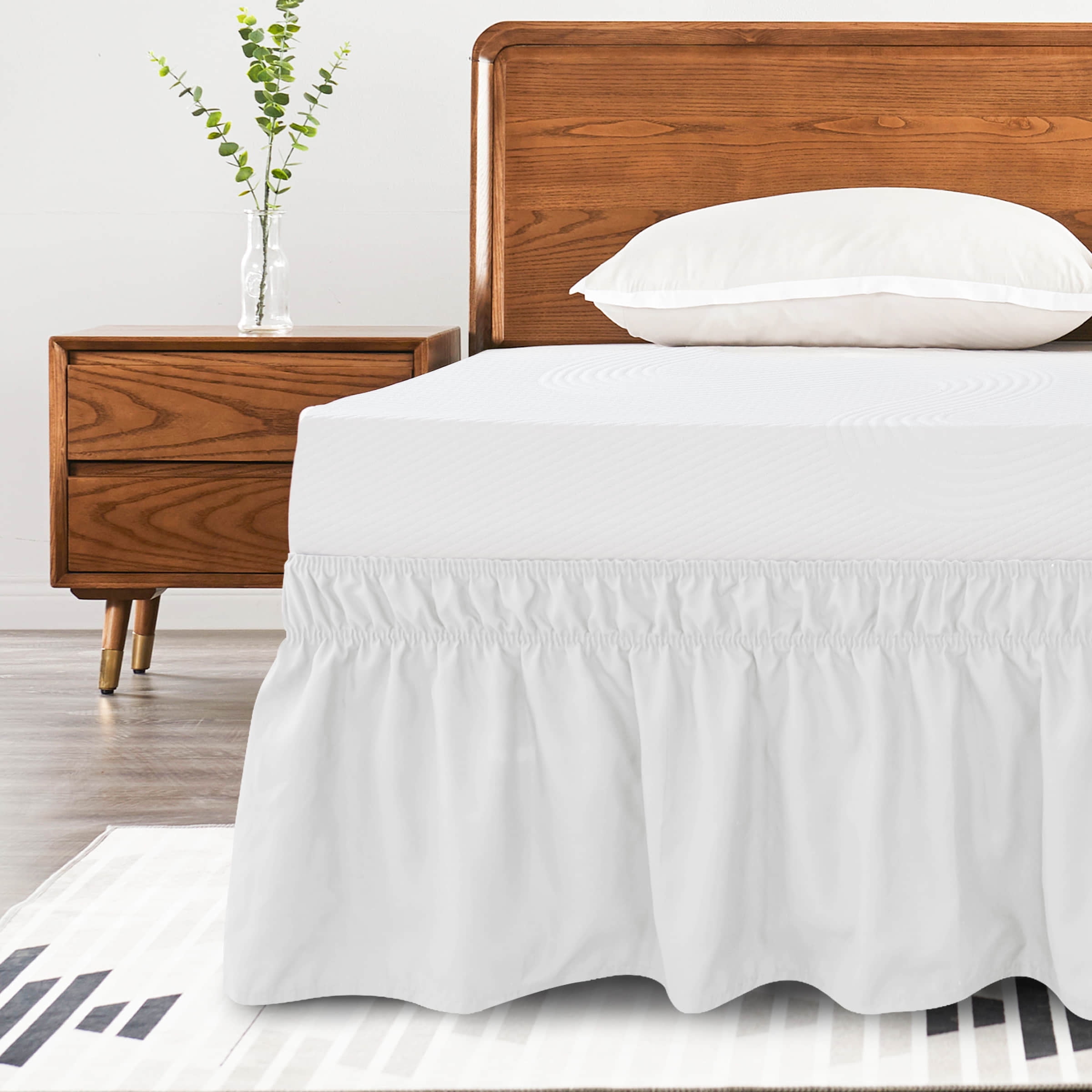 MsOrange Bed Skirt Wrap-Around Dust Ruffle Elastic 16 Inch Bed Cover, Queen, White