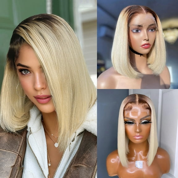 Mscathy Short Bob 12 Inch 13X4 Lace Front Remy Brazilian Human Hair Wig Preplucked HD Transparent Pixie Cut Ombre Honey Blonde Colored Lace Frontal Wigs For Women