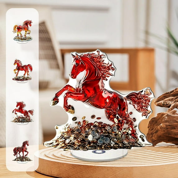 Msgweeeg 2D Rotatable Acrylic Ornament Wealth Vigour Success Red Horse Coin Year of the Horses Spring Festival Desktop Decoration Symbolic fortunate Table Decor Gift