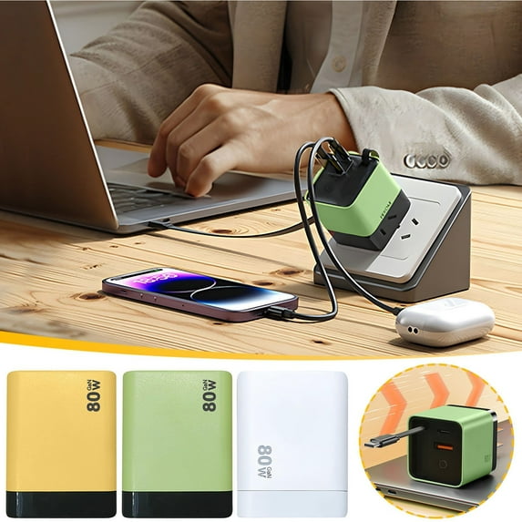 Msgweeeg 3 in 1 Retractable Wall Charger Fast Charging 80W Module Type C Cable Dual USB Ports Adapter for Phone Laptop Tablet Efficient Travel Convenience