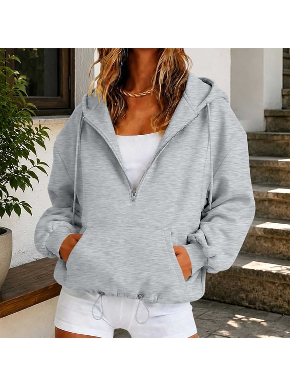 3/4 Zip Pullover Womens Drawstring Lapel Long Sleeve Women's Pullover Sweaters Cropped Fall Top S-2XL