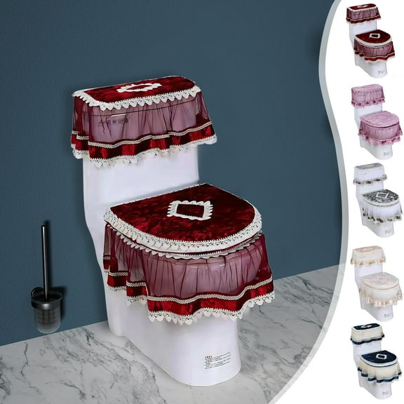 Msgweeeg Bath Rugs Bathroom Mats European Lace Toilet Cover with Zipper 3 Piece Bathroom Decorative Toilet Tank Cover