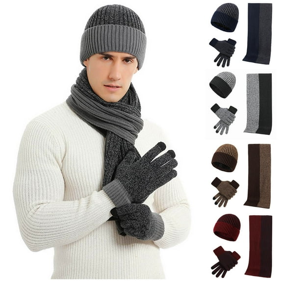 Msgweeeg Beanie for Men Mens Winter Hat Men'sand Women's Same Style Winter Woolen Hat Set Color Blocked Knitted Hat Scarf Glove for Outdoor Workand Construction