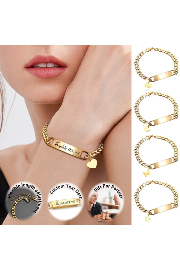 Bracelet for Women Birthday Gift Customized Text Stainless Steel Curved Bracelet with Embellishment Pendant Long Strip Engraved Handwriting Bracelet Birthday Gift