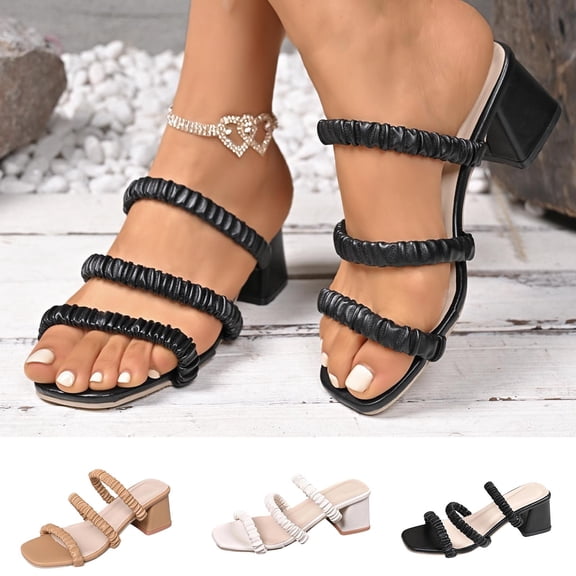 Msgweeeg Chunky Heels Home Slippers Women's Fashionable Casual Solid Color Heel Strappy Sandals High Heels Shoes