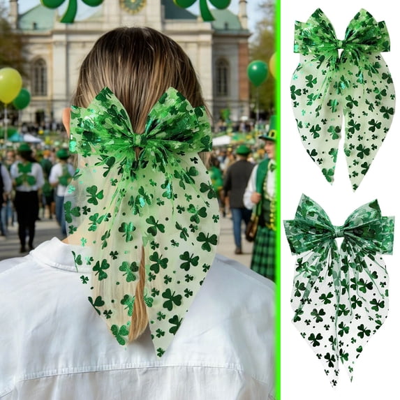 Msgweeeg Clips for Hair Cute Hair Clips St Patricks Day St. Patrick's Day Hair Accessory Cloverleaf Mesh Large Bow Spring Clip Hair Clip Holiday Party