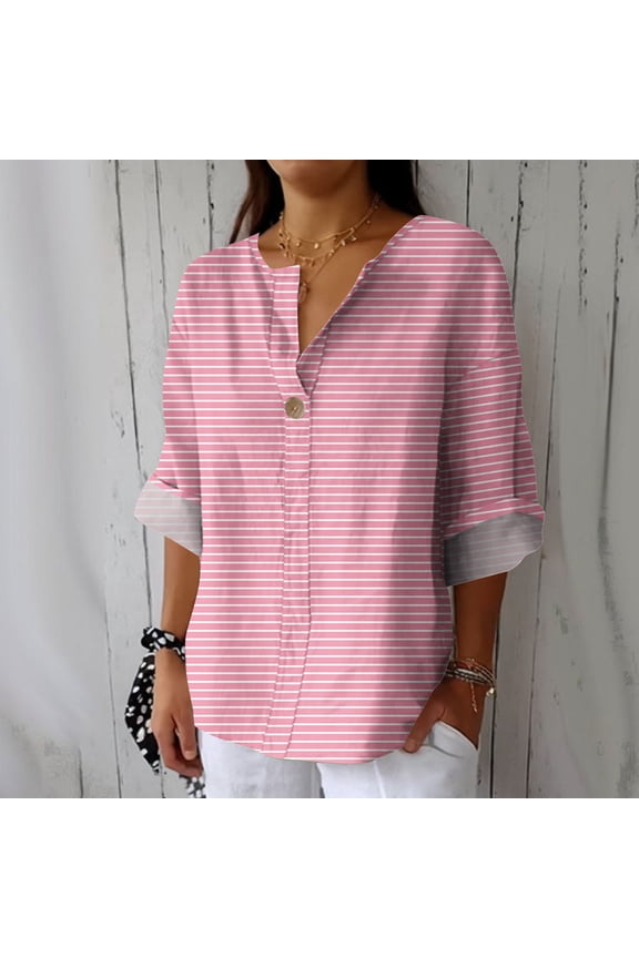 Clothing V Neck Striped Button Linen Long Sleeve Shirt, Fashionable Loose Blouse, Soft Breathable Top with Classic Stripe Pattern Womens Shirt