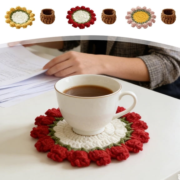 Msgweeeg Coaster Drink Coasters Handmade Yarn Crochet Rose Mat and Knitted Storage Small Flower Basket Insulation Pad Desktop Ornament Crochet Holiday Gift Random Color