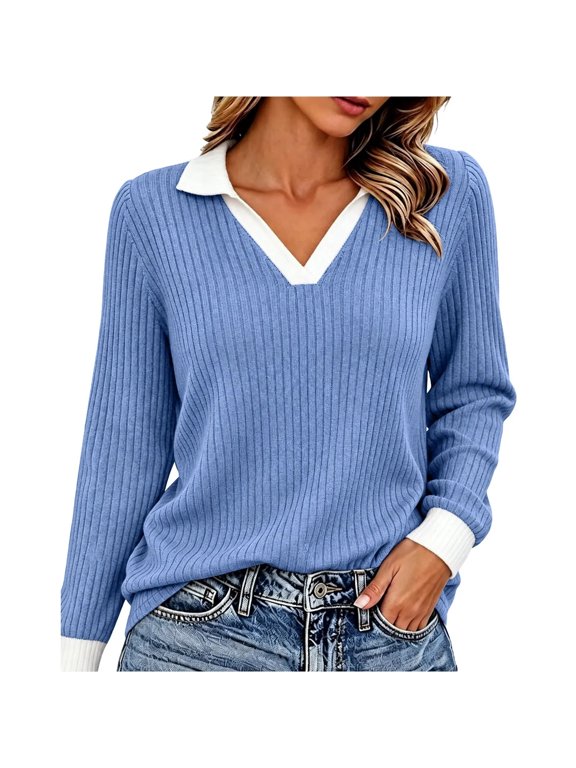 Collared Sweater Women's Collared V-Neck Sweater Ribbed Knit Long Sleeve Loose Pullover Top