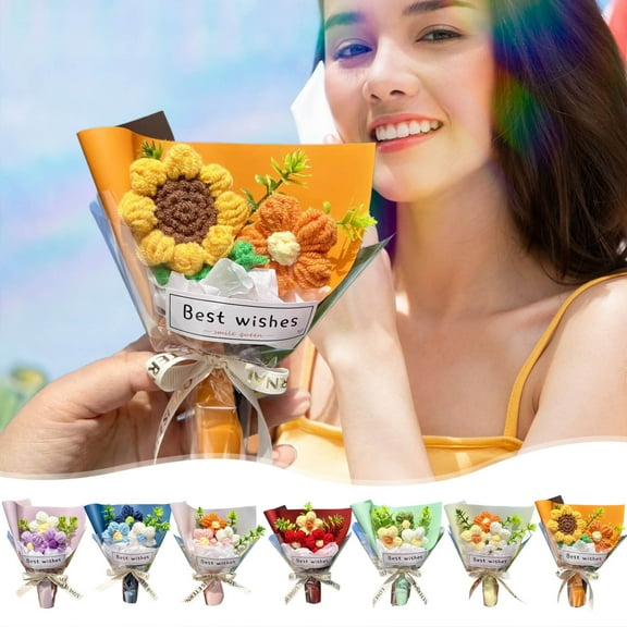 Msgweeeg Crochet Flower Bouquet Gift for Women Valentine's Day Hand Knit Bouquet Fake Flower Bouquet Kit Gift for Anniversary, Birthday, Christmas