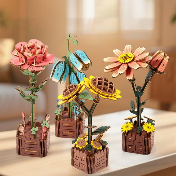 Msgweeeg Decorations for Living Room Building Blocks Flowers Flower Puzzles Three-dimensional Models Wooden Handicrafts Gift for Anniversary, Birthday, Christmas