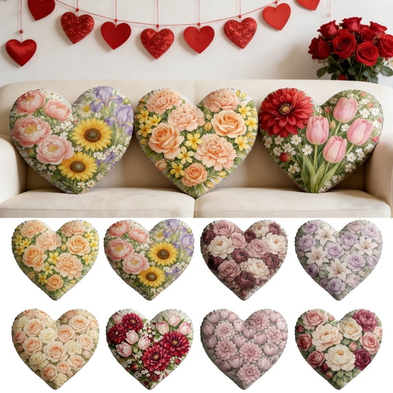 Msgweeeg Decorative Throw Pillows Bed Throw Pillows Heart Shaped Floral Throw Pillows Romantic Home Decor with Soft Fabric Multiple Patterns Colors for Couch Bed Or Valentine's Day Gifts