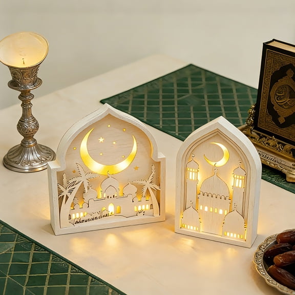 Msgweeeg Desk Decor Office Decor Lighted Eid Wood Castles Ornament Wood Art Hanging Decoration for Ramadans Muslims Islamics Festival LED Lighting Ramadans Ornament
