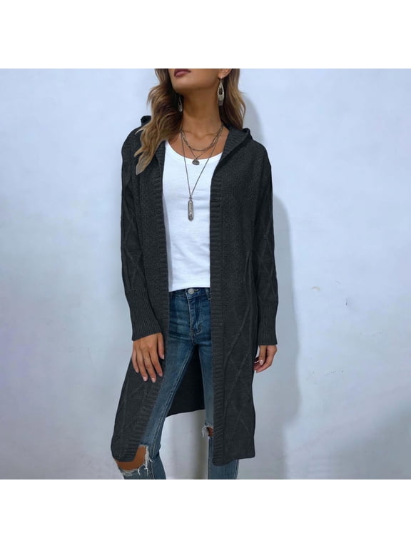 Fall Jackets Women Cable Knit Cardigan Hooded Open Front Long Duster Sweater Coat,Sizes S-3XL