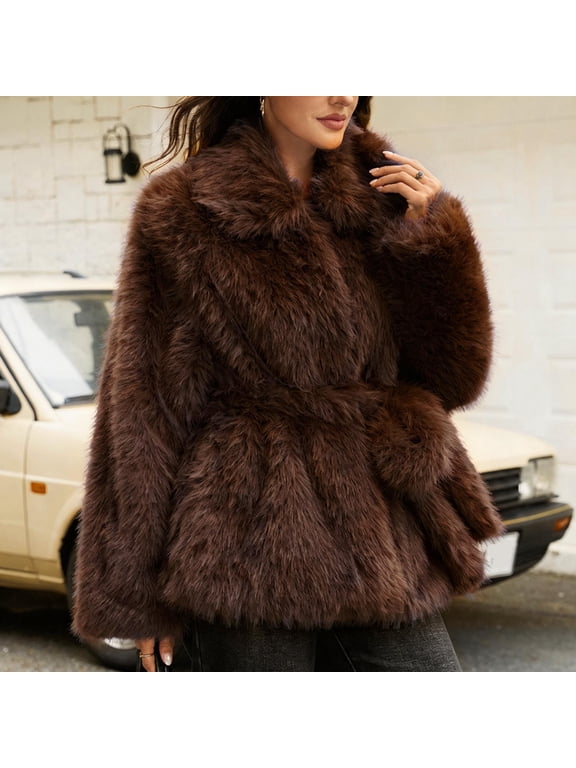 Fall Jackets Women Faux Fur Coat Lapel Open Front Belted Fuzzy Winter Jacket,Sizes S-3XL