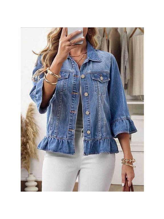 Fall Jackets for Women 2026 Ruffle Denim Jacket Bell Sleeve Cropped Sweet Style Outerwear,Sizes XXS-L
