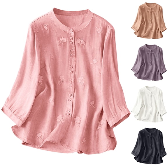 Msgweeeg Fall Outfits Regular Fit Embroidery Linen Women’s Blouses 3/4 Sleeve Button Down Shirts Women for Outdoor and Picnic Days M-3XL