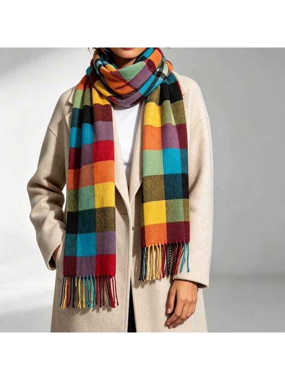 Fall Scarf Women's Winter Tassel Plaid Scarf, Vintage Warm Knit Wrap for Cold Weather, 70.87in Long