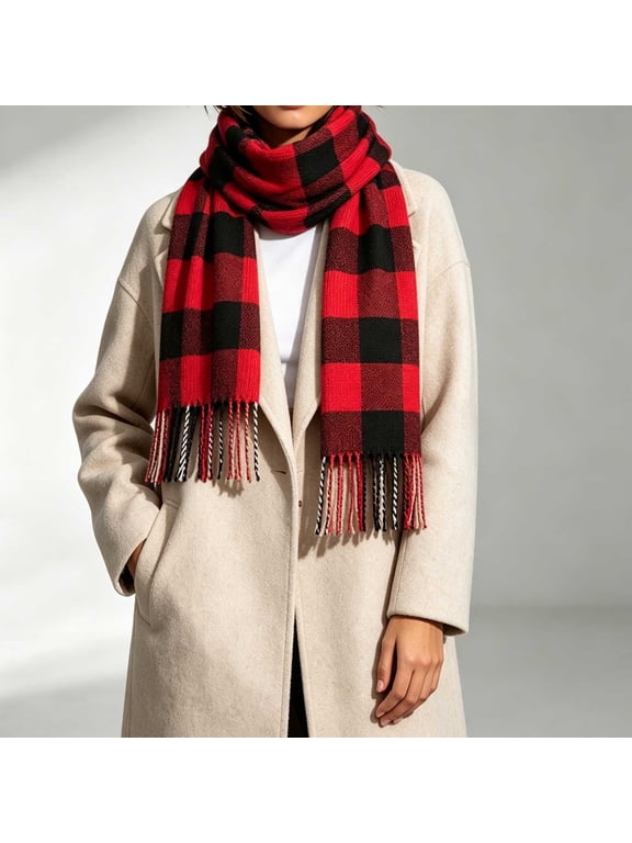 Fall Scarf Women's Winter Tassel Plaid Scarf, Vintage Warm Knit Wrap for Cold Weather, 70.87in Long