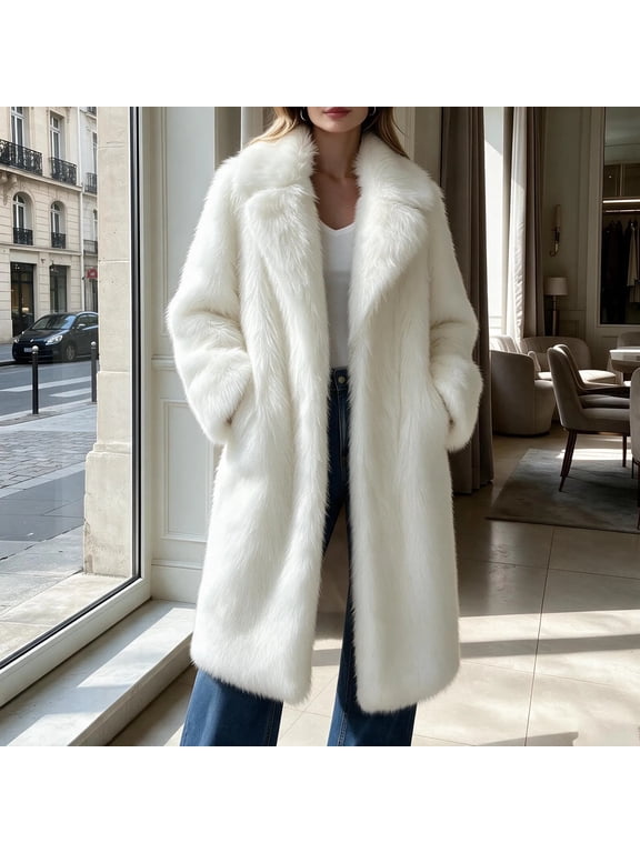 Faux Fur Coat Open Front Lapel Collar Long Coat, Sizes XS-XXXL