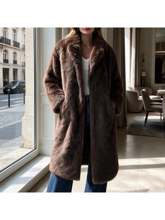 Faux Fur Coat Open Front Lapel Collar Long Coat, Sizes XS-XXXL
