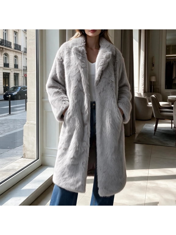 Faux Fur Coat Open Front Lapel Collar Long Coat, Sizes XS-XXXL