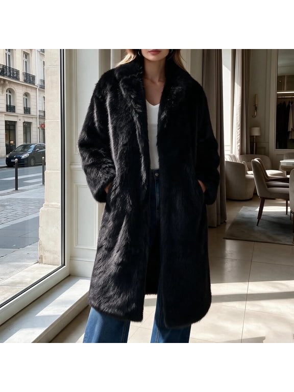 Faux Fur Coat Open Front Lapel Collar Long Coat, Sizes XS-XXXL