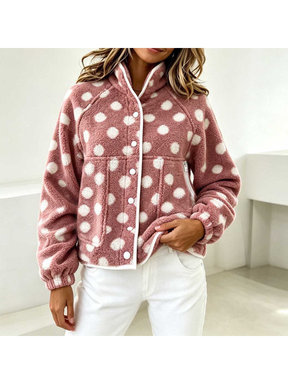 Fleece Jacket Women Zip Front Polka Dot Turn-Down Collar Pocket Coat, Sizes S-L