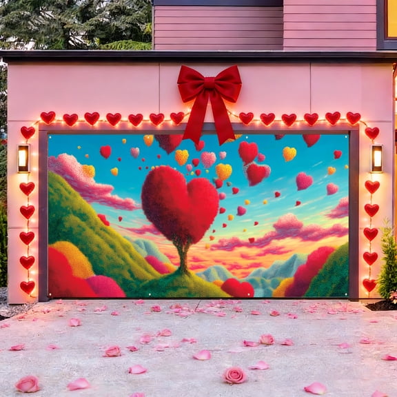 Msgweeeg Garage Door Romantic Heart-Shaped Background Decorative Hanging Party Event Banner Pink Love Theme Celebration Photo Prop Valentine’s Day Wedding Decor Accent