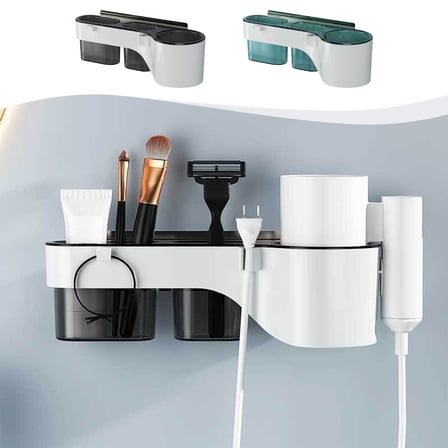 Msgweeeg Hair Dryer Stand Blow Dryer Holders No Punching Required Hair Dryer Rack Bathroom Wall-mounted Storage Bracket with Three Storage Grids Gift for Anniversary, Birthday, Christmas