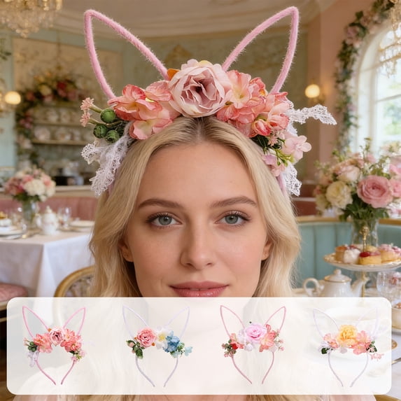 Msgweeeg Head Bands for Women's Hair Easter Decor Easter Wreath Headband Bunny Ear Headband forest Style Floral Headband Artificial Flower Hair Accessory.