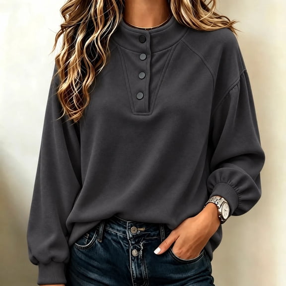 Msgweeeg Henley Sweatshirt Women's Henley Sweatshirt Button Front Long Sleeve Puff Sleeve Pullover Top