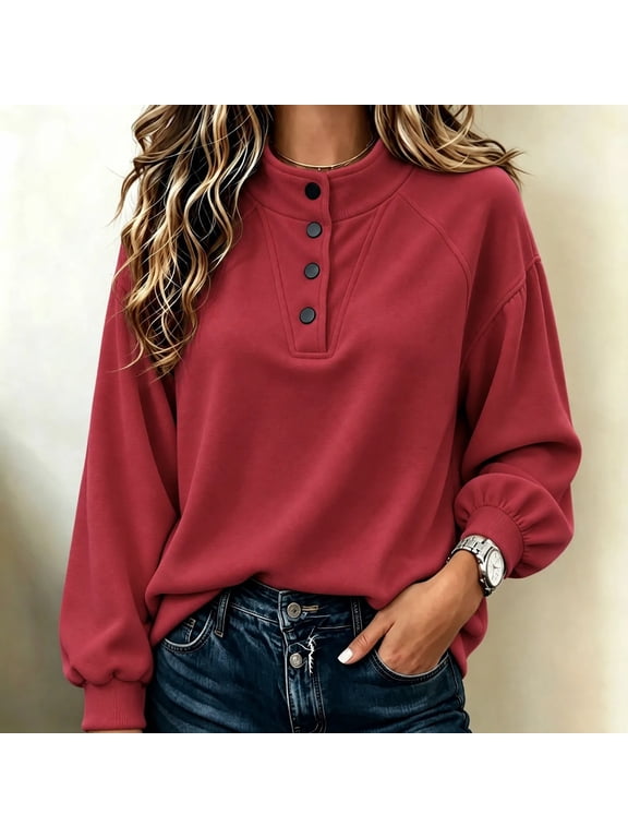Henley Sweatshirt Women's Henley Sweatshirt Button Front Long Sleeve Puff Sleeve Pullover Top