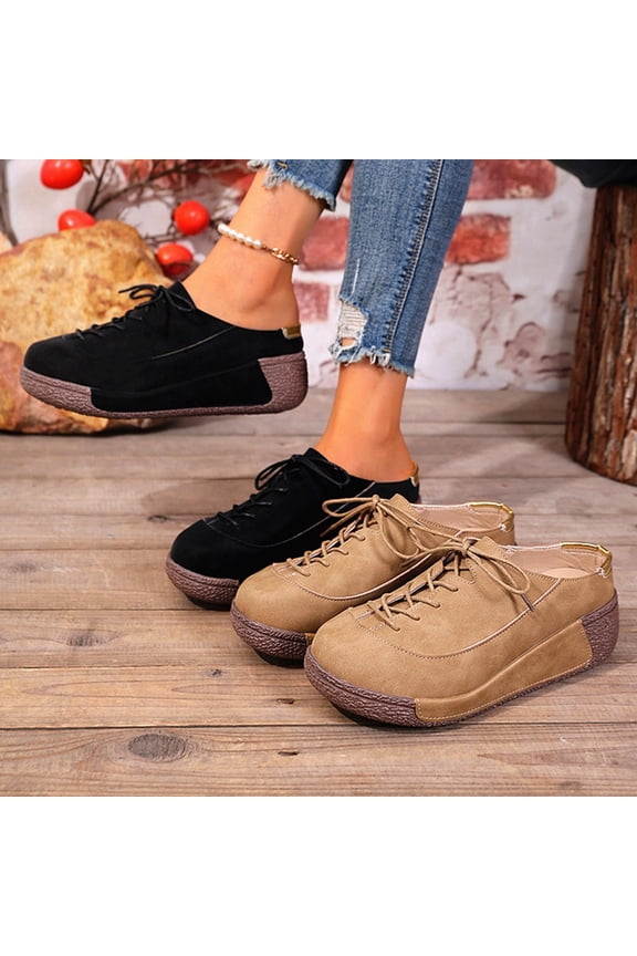 House Shoes for Women Home Slippers Women's Fashionable Casual Solid Color Round Toe Lace-Up Wedge Heel Mules Half Slippers Shoes