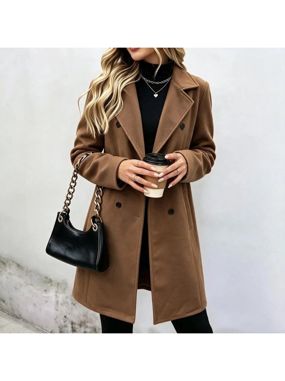 Jackets for Women Women's Double-Breasted Long Sleeve Lapel Collar Coat, Casual Long Outerwear with Pockets, Elegant Tailored Jacket, Sizes S-XXL