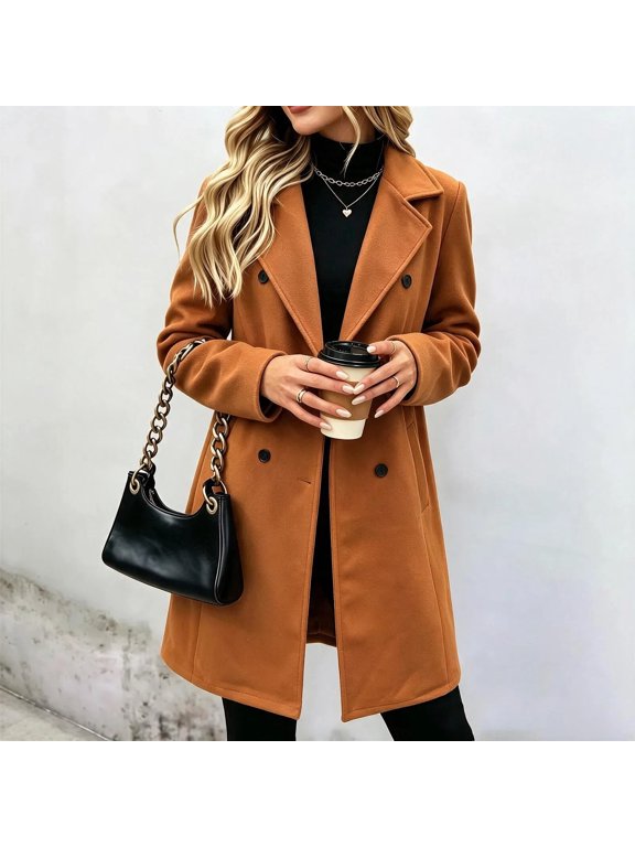 Jackets for Women Women's Double-Breasted Long Sleeve Lapel Collar Coat, Casual Long Outerwear with Pockets, Elegant Tailored Jacket, Sizes S-XXL