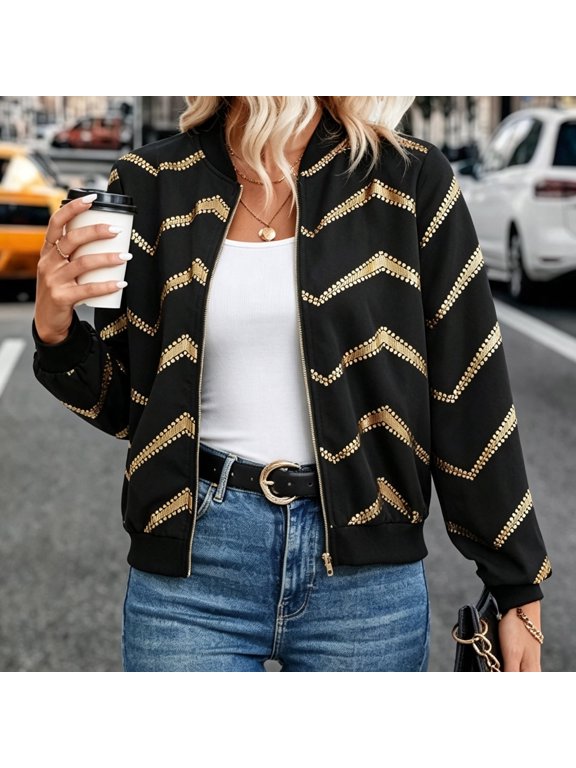 Jackets for Women Women's Gold Foil Print Zip-Up Jacket, Casual Long Sleeve Stand Collar Coat with Ribbed Trim, Loose Fit Bomber Outerwear, Sizes S-XXL