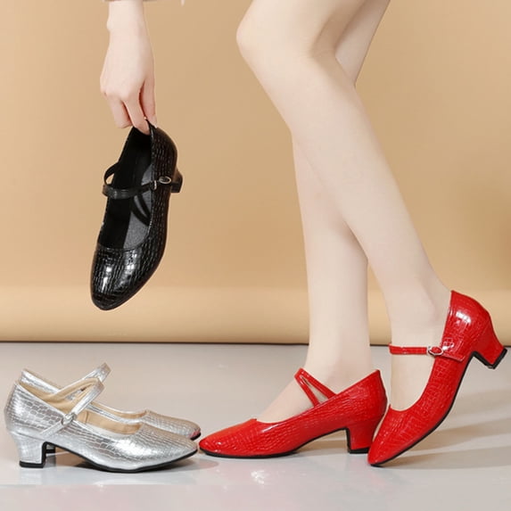 Msgweeeg Jazz Shoes Character Shoes Female Teacher Latin Dance Shoes for Adult Body Dancing Practice Embossed Patent Leather Oversized Shoes Trendy Mid Heeled Dance Shoes