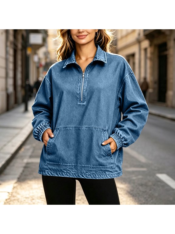Jean Jacket Women Denim 1/4 Zip Pullover Top, Long Sleeve Loose Fit Shirt with Pockets, Casual Daily Outdoor Outerwear