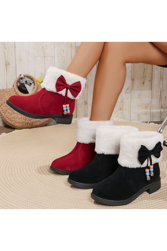 Knee High Boots Women Winter Boots Women Fashionable and Casual Thick Soled Bow Round Toe Mid Tube Thick Artificial Face Short Boots