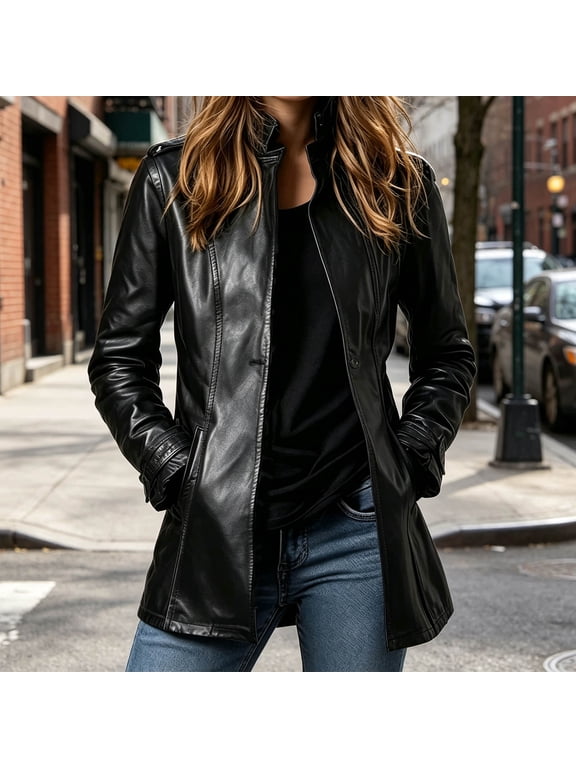 Leather Jacket Women Button Front Faux Leather Stand Collar Jacket, Sizes S-XXL
