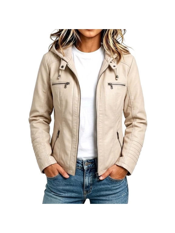 Leather Jacket Women Zip Front Hooded Faux Leather Long Sleeve Jacket, Sizes S-4XL