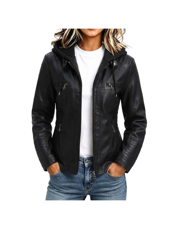 Leather Jacket Women Zip Front Hooded Faux Leather Long Sleeve Jacket, Sizes S-4XL