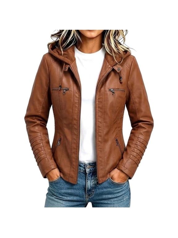 Leather Jacket Women Zip Front Hooded Faux Leather Long Sleeve Jacket, Sizes S-4XL