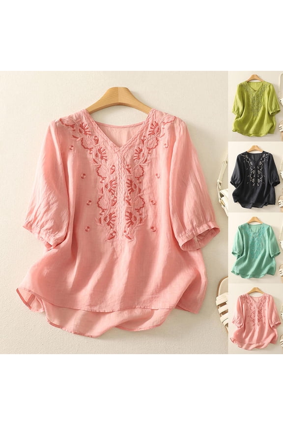 Linen Shirt Women Regular Fit Embroidery Womens Cute Tops 3/4 Sleeve V Neck Blouses for Women Casual M-2XL