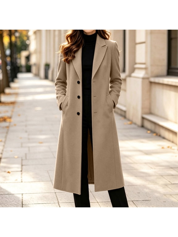 Long Winter Coats for Women Long Wool Blend Notched Lapel Single Breasted Coat, Sizes S-XXL