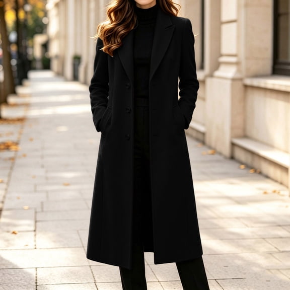 Msgweeeg Long Winter Coats for Women Long Wool Blend Notched Lapel Single Breasted Coat, Sizes S-XXL